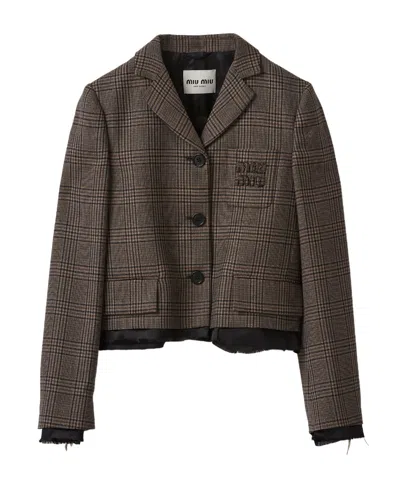 Miu Miu Check-pattern Wool Jacket In Brown