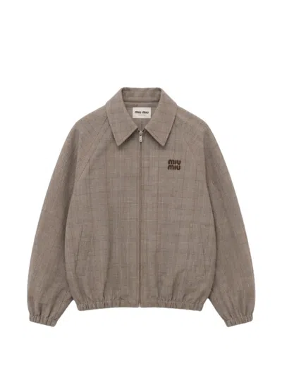 Miu Miu Prince Of Wales Checked Blouson Jacket In Braun