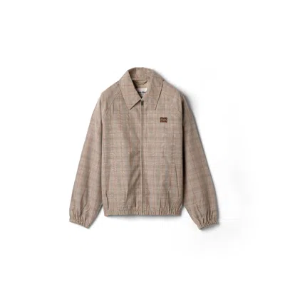 Miu Miu Prince Of Wales Checked Blouson Jacket In Brown