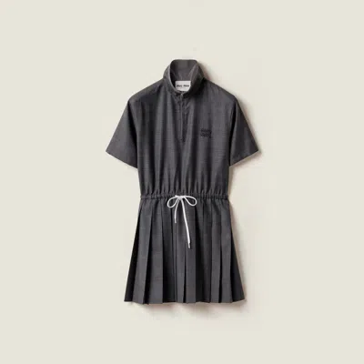 Miu Miu Prince Of Wales Pleated Short Dress In Gray