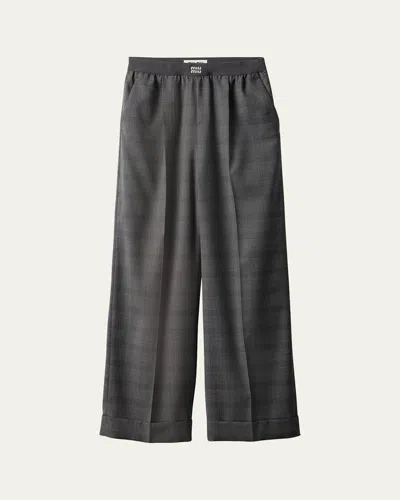 Miu Miu Prince Of Wales Wide Leg Wool Trousers With Elastic Waistband In Ardesia