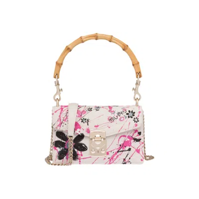 Pre-owned Miu Miu Printed Canvas Bamboo Handle Shoulder Bag 'white' | Women's Size Onesize