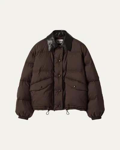 Miu Miu Printed Logo Leather Collar Oversized Down Jacket In Brown