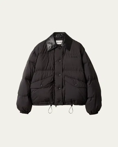 Miu Miu Printed Logo Leather Collar Oversized Down Jacket In Brown