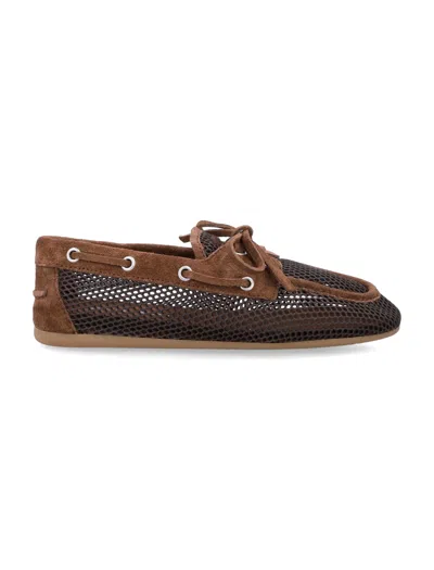 Miu Miu Printed Mesh Slip-on Flats With Suede Trim And Calf-leather Insole In Cocoa