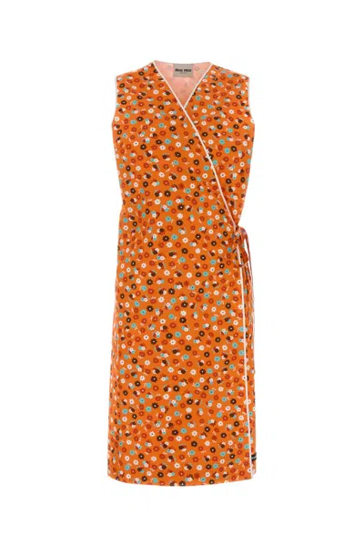 Miu Miu Orange Floral V Neck Midi Dress