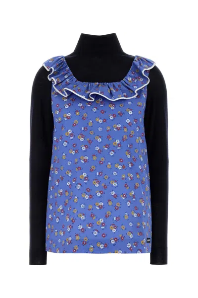 Miu Miu Printed Poplin Top In Blue