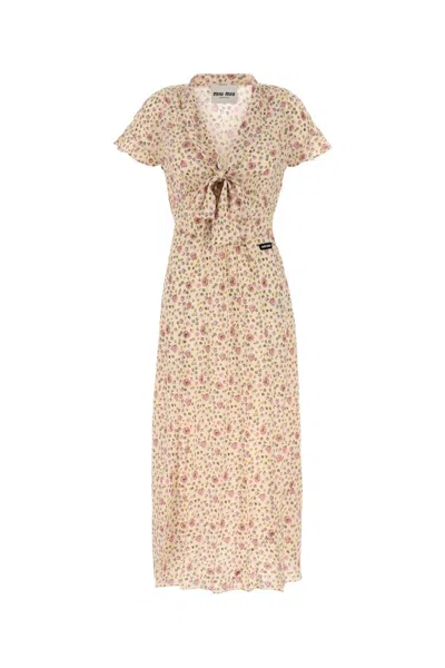 Miu Miu Printed Silk Dress In Neutral