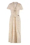 Miu Miu Silk Dress With Floral Pattern And Tie Waist In Neutral