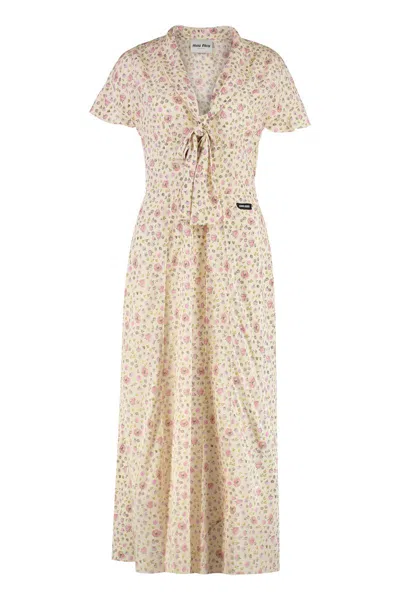 Miu Miu Printed Silk Dress In Neutral