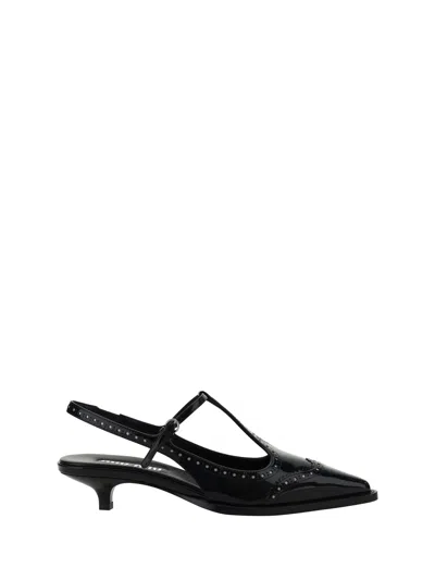 Miu Miu Women Leather Brogue Slingback T-strap Pumps In Black