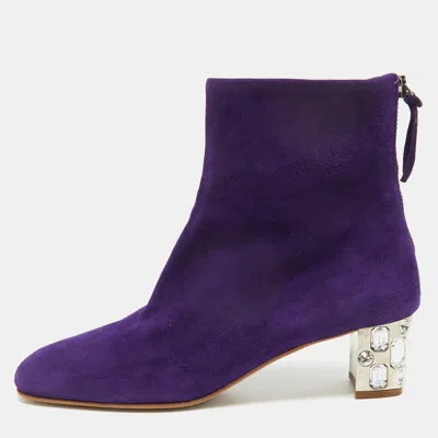 Pre-owned Miu Miu Purple Suede Crystal Embellished Ankle Boots Size 37
