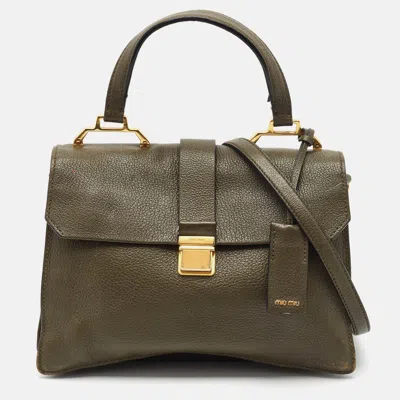 Pre-owned Miu Miu Pushlock Flap Olive Green Madras Leather Top Handle Bag