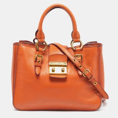 Pre-owned Miu Miu Pushlock Orange Madras Leather Tote