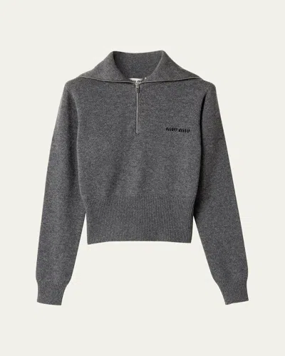 Miu Miu Quarter-zip Cashmere Crop Sweater In Gray