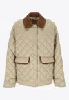 Miu Miu Quilted Jacket With Suede Collar And Pockets In Neutral