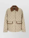 Miu Miu Quilted Jacket With Suede Collar And Pockets In Neutral