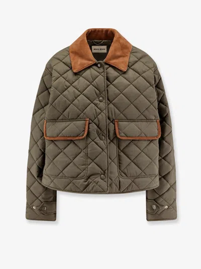 Miu Miu Quilted Nylon Jacket With Suede Details In Green