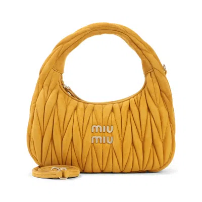 Miu Miu Quilted Yellow Lamb Leather Shoulder Bag In Brown