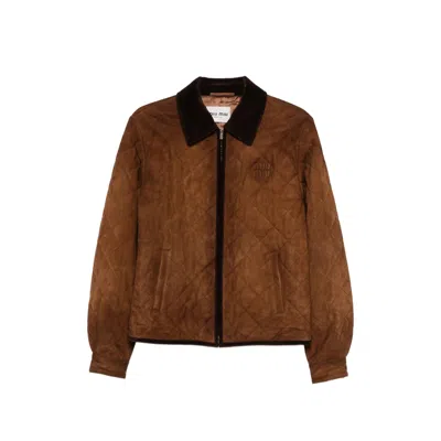 Miu Miu Suede Jacket Quilted Design Ribbed Collar In Brown