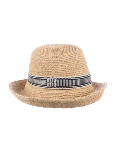 Pre-owned Miu Miu Raffia Accent Straw Sun Hat In Blue/neutrals/white