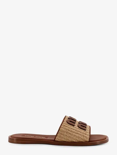 Miu Miu Raffia And Leather Sandals With Logo Lettering In Brown