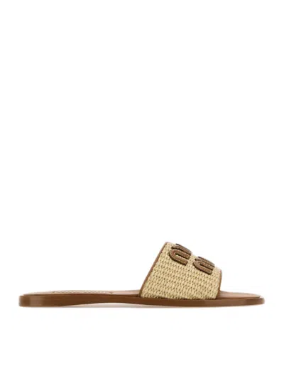 Miu Miu Raffia And Leather Slippers In Nude