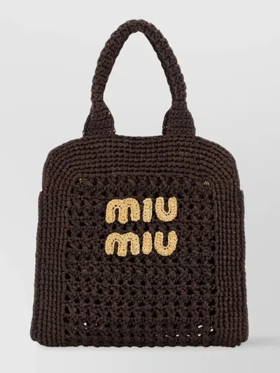 Miu Miu Raffia Crochet Shopping Bag With Dual Handles In Brown