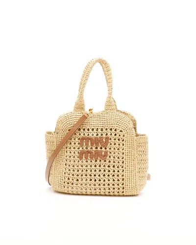 Miu Miu Raffia Effect Crochet Tote Bag In Brown