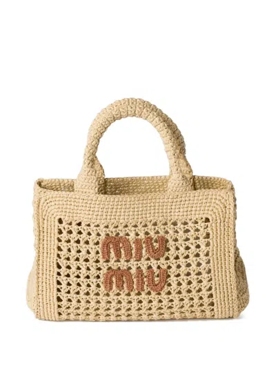 Miu Miu Logo-embroidered Raffia Tote Bag In Nude