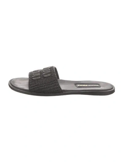 Pre-owned Miu Miu Raffia Embroidered Accent Slides In Black