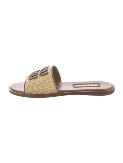 Pre-owned Miu Miu Raffia Embroidered Accent Slides In Neutrals
