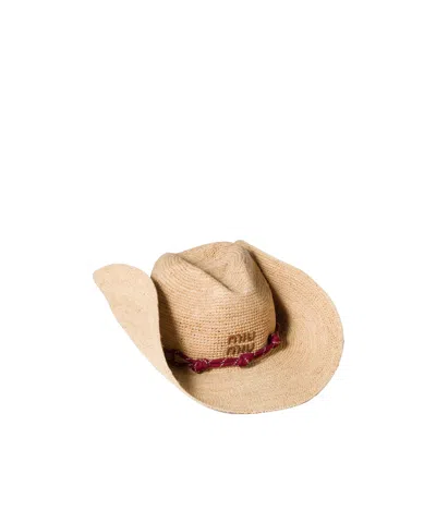 Miu Miu Raffia Hat In Beige/burgundy