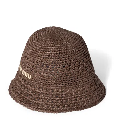 Miu Miu Raffia Logo Bucket Hat In Brown