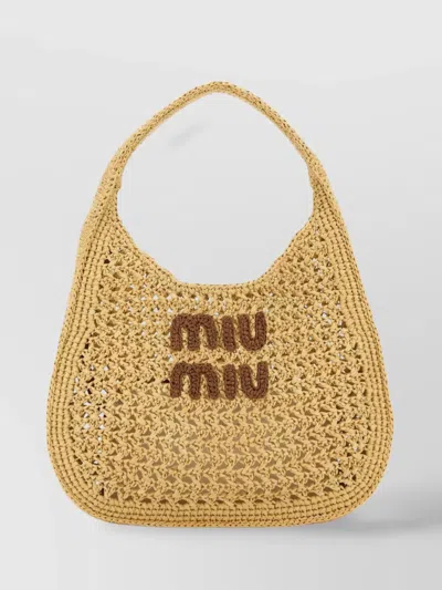 Miu Miu Raffia Top Handle Woven Texture Bag In Neutral