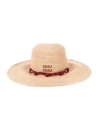Pre-owned Miu Miu Raffia Woven Wide Brim Sun Hat In Neutrals