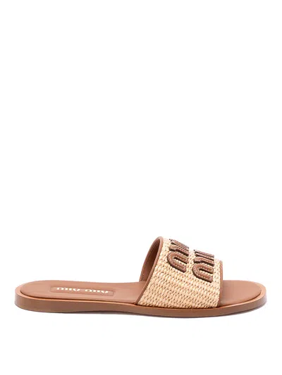 Miu Miu Raffia-effect Woven Fabric Slides In Neutral