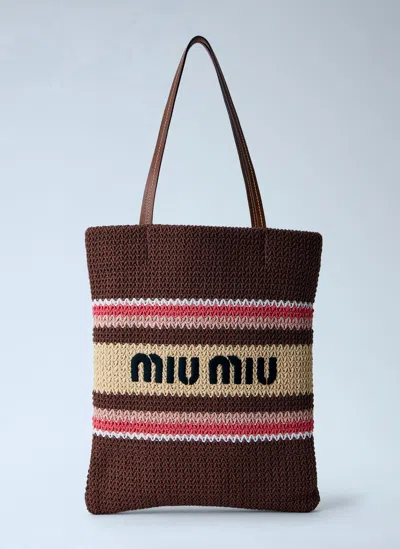 Miu Miu Raffia-effect Woven Tote Bag In Brown