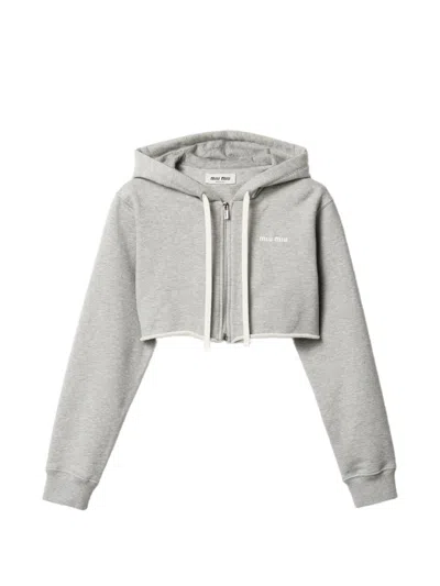 Miu Miu Raw-cut Zip-up Cropped Hoodie In Gray