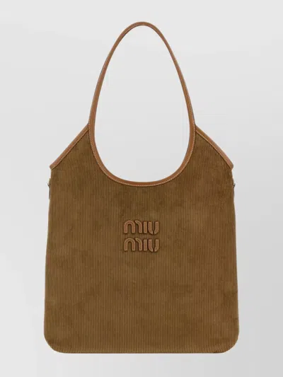 Miu Miu Rectangular Corduroy Shopping Shoulder Bag In Brown