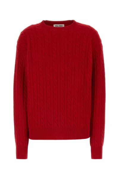 MIU MIU RED CREW-NECK CABLE-KNIT JUMPER