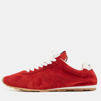 Pre-owned Miu Miu Red Leather And Suede Plume Lace Up Sneakers Size 39