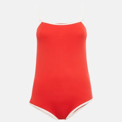 Pre-owned Miu Miu Red Logo Applique Technical Knit One Piece Swimsuit S