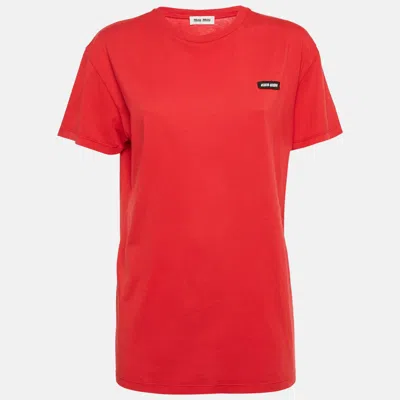 Pre-owned Miu Miu Red Logo-patch Jersey Crewneck T-shirt L