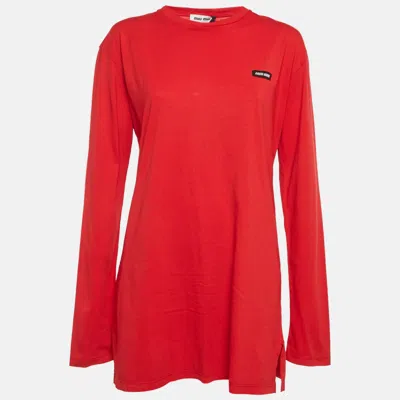 Pre-owned Miu Miu Red Logo Patch Jersey Long T-shirt L