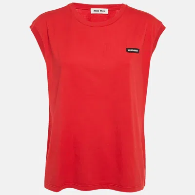 Pre-owned Miu Miu Red Logo-patch Jersey Sleeveless T-shirt L