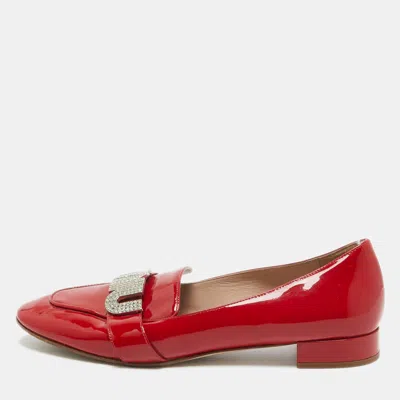 Pre-owned Miu Miu Red Patent Leather Crystal Embellished Logo Slip On Loafers Size 37.5