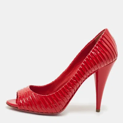 Pre-owned Miu Miu Red Patent Leather Pleated Peep Toe Pumps Size 37.5