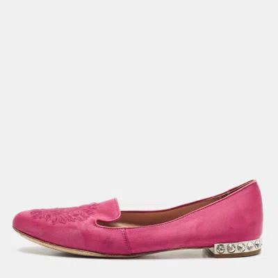 Pre-owned Miu Miu Red Satin Embroidered Velvet Crystal Embellished Smoking Slippers Size 37