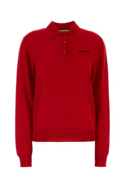 Miu Miu Wool Polo Shirt Collared Ribbed Cuffs Hem In Red